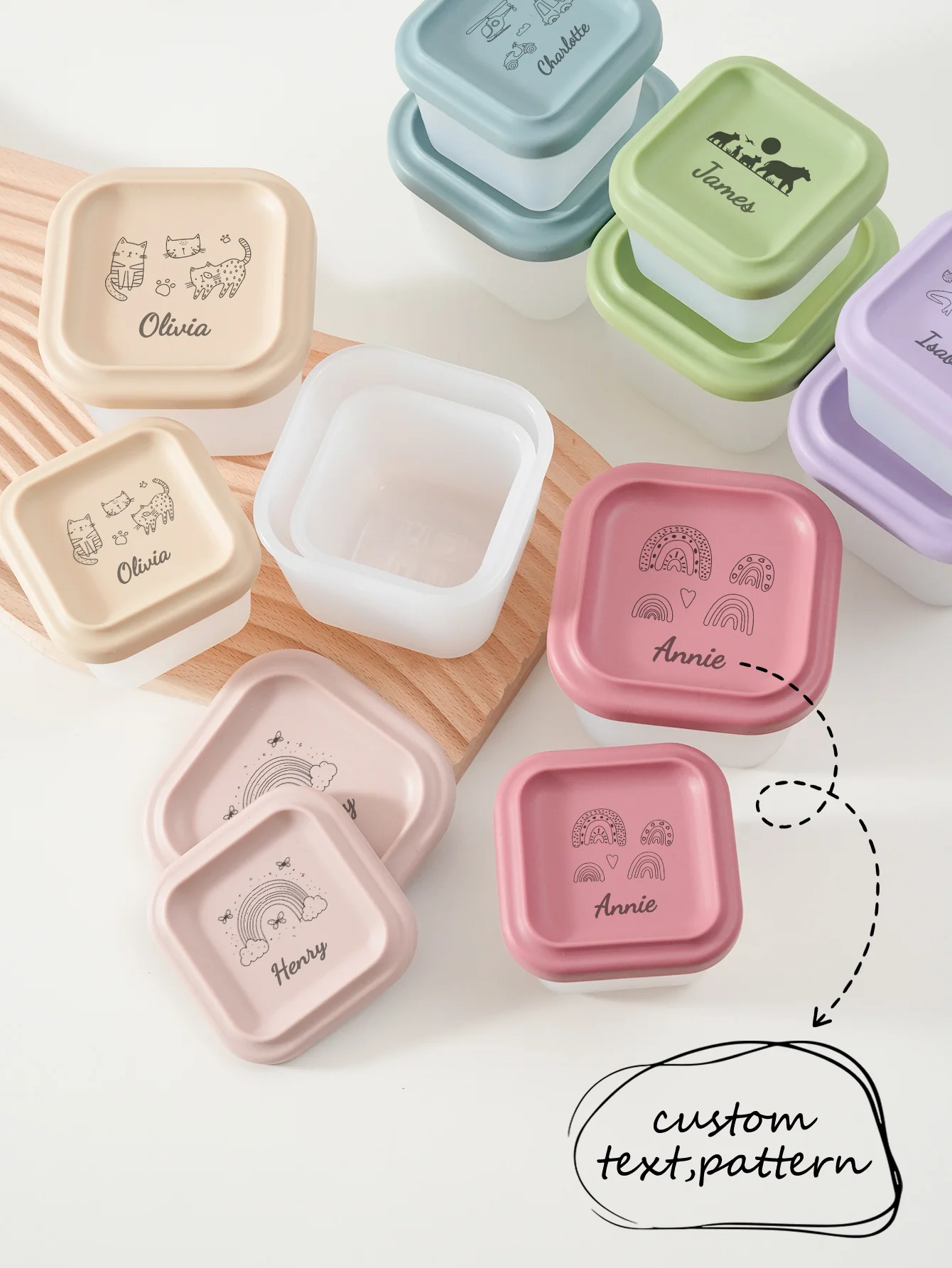 

2PCS Personalized Name Baby Silicone Feeding Set Square Food Storage Container Toddler Weaning Self Feeding Tableware