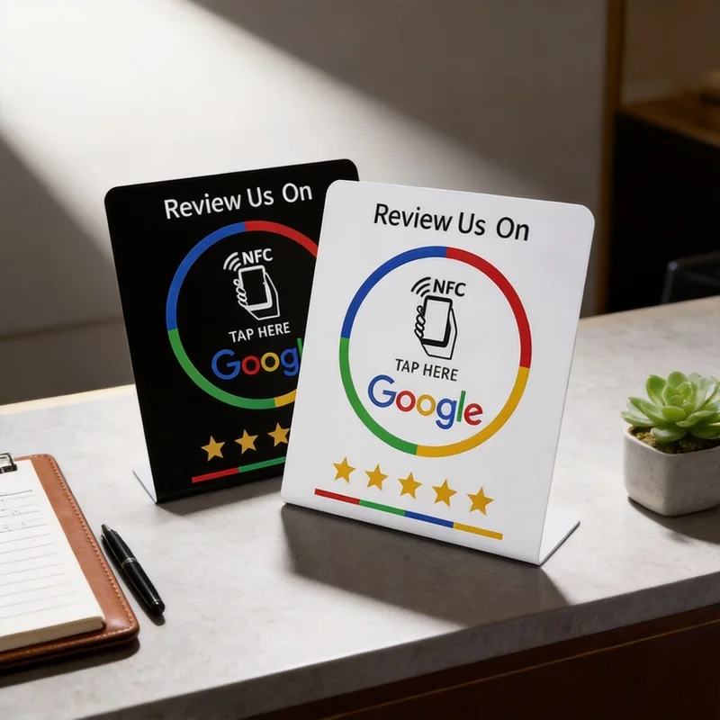 Scratch‑Resistant Matte Google Review NFC Card NTAG215, Bending Standing Display Stand, Reusable Tap Review Card for Business