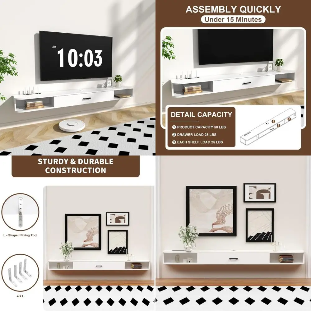 75 Inch Wall-Mounted TV Stand with Floating Shelf and Doored Cabinet for Media Storage