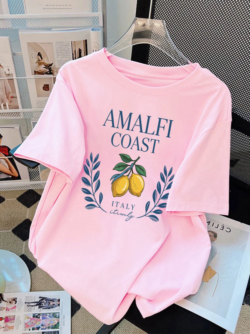 

Summer T-Shirt Women Cotton Amalfi Coast Lemon From Italy Prints Tops O-Neck Comfortable Loose Short Sleeve Casual Woman Clothes