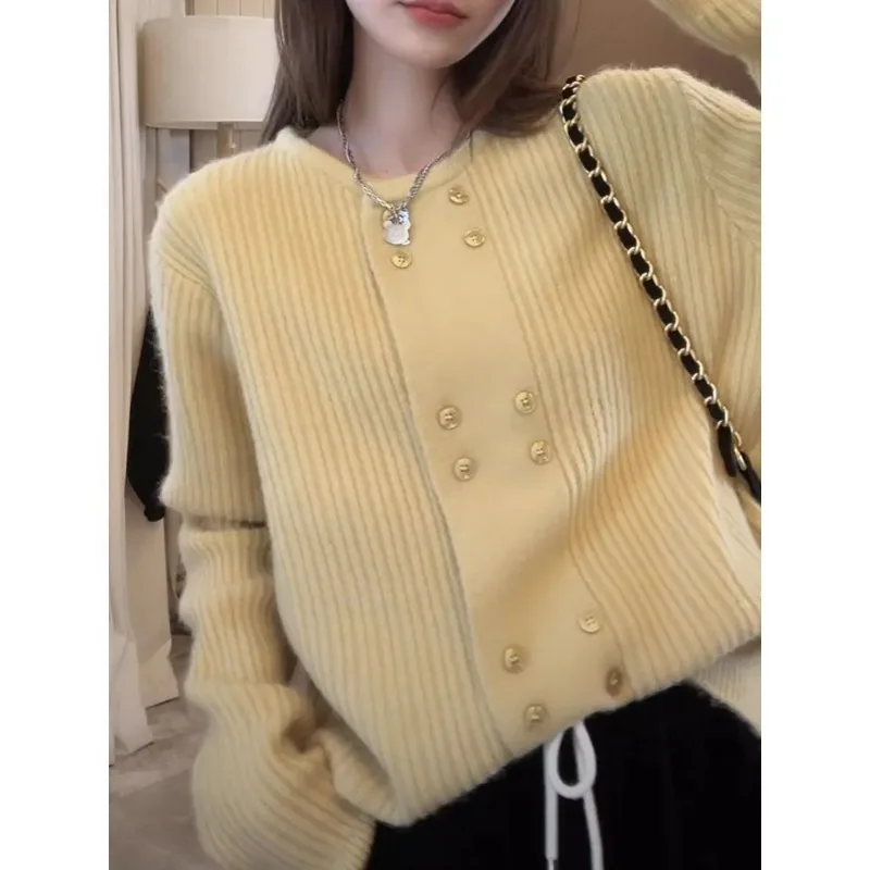 

Women Clothing Autumn Winter Fashion Simplicity All-match Temperament Knitting Cardigan Female Button Solid Color Sweater Coat