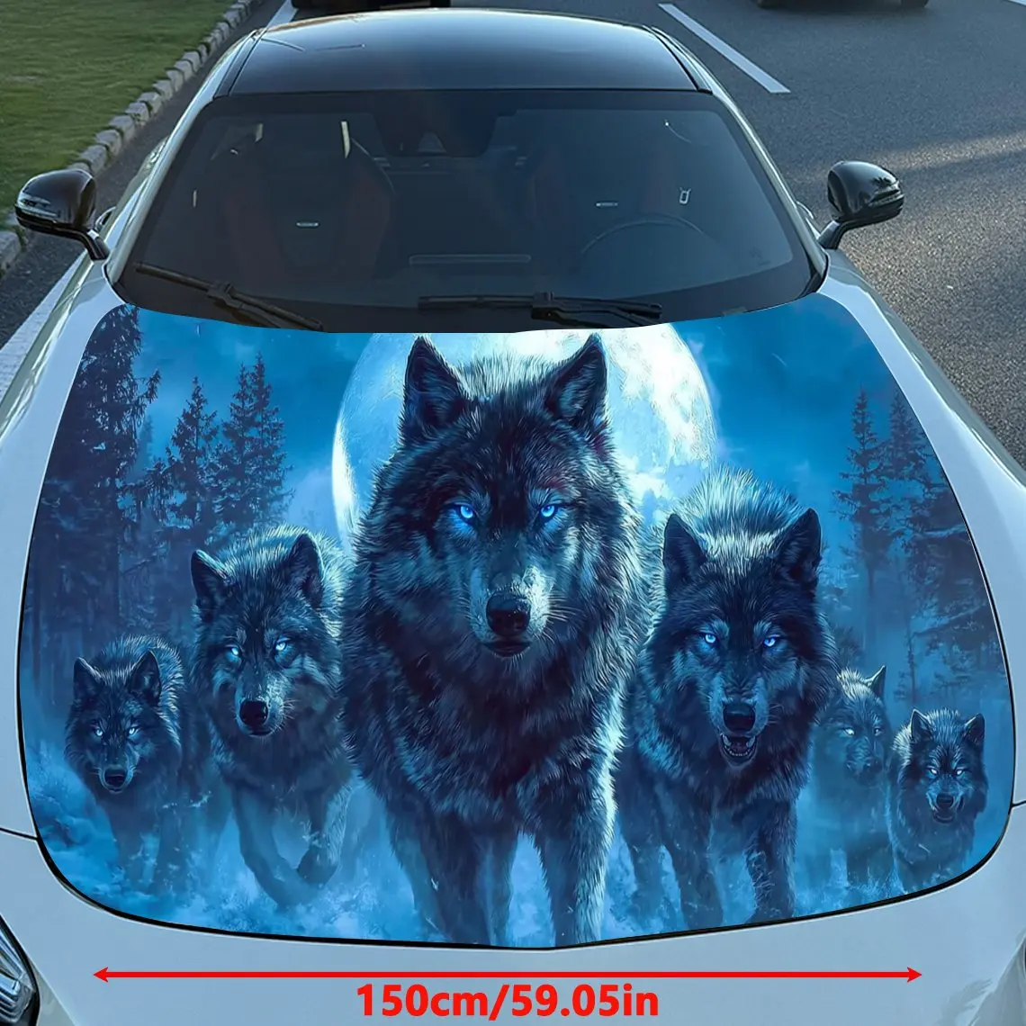 Blue Moon Wolf Pack Ice Field Car Vinyl Wrap, PVC Material Waterproof Car Hood Sticker, Self-Adhesive Scratch-Resistant Stickers