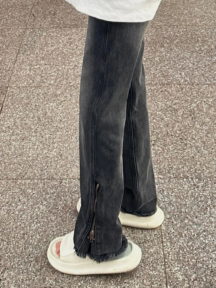 

Джинсы женские с высокой талией, прямые, на молнии, свободного кроя, весенние, больших размеров, для полных женщин, в стиле хип-хоп, с разрезами, длинные брюки