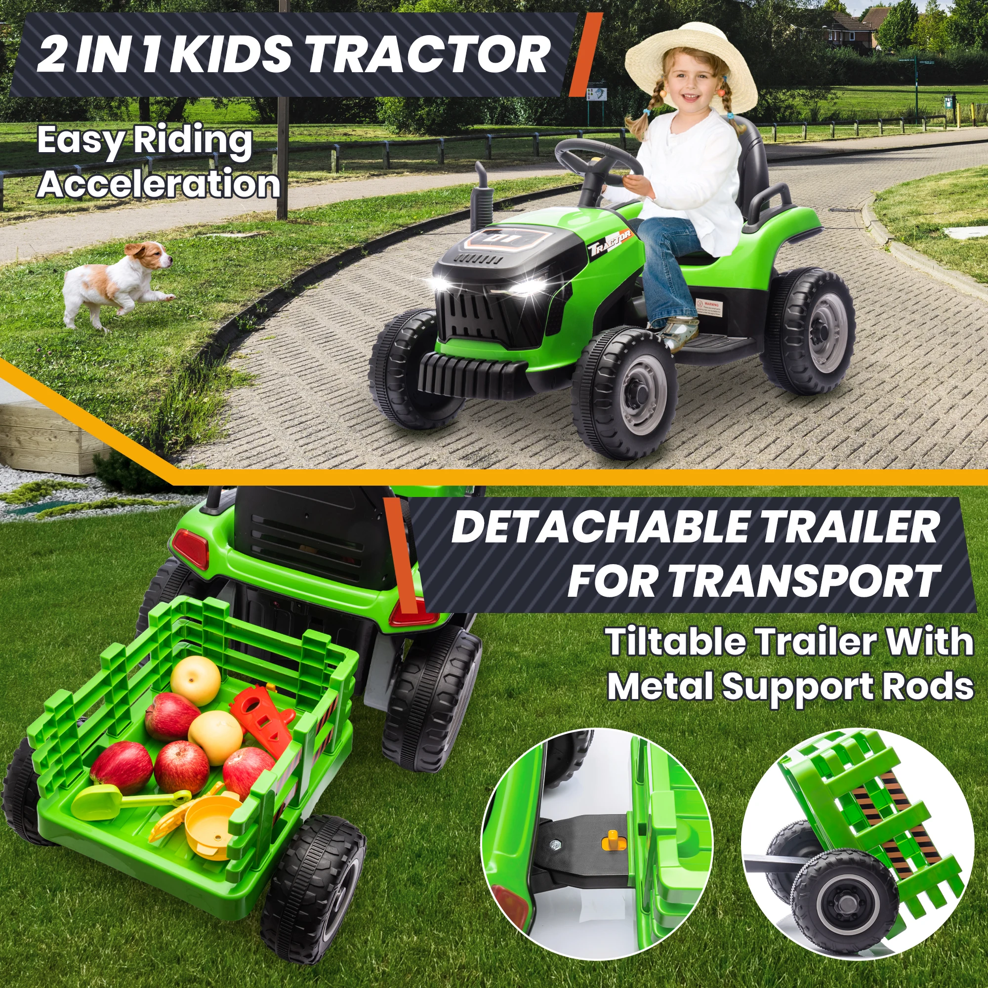 Traktor elektryczny dla dzieci 24V, zabawki elektryczne z silnikami 400W, odchylany i odłączany przyczepa, regulowane siedzenie, Bluetooth, Mu