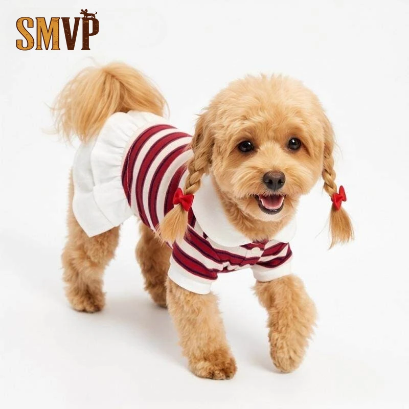 

Spring Summer Red and White Striped Polo Collar Pleated Dress Youth College Style Pet Kitten Small Medium Dog Dress Clothing