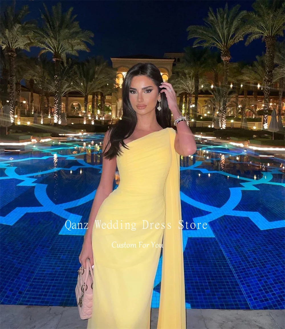 Qanz Saudi Arabia Formal Evening Dresses Yellow Chiffon One Shoulder Dubai Arab Prom Dress Women Party Gowns 2024 Customized