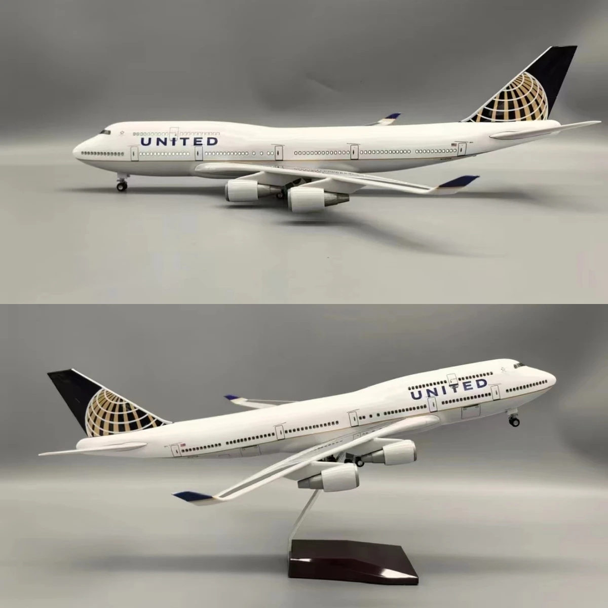 1:150 Scale 47cm 747 Airplane Model United Airlines Boeing B747 Aircraft Model with Lights and Landing Gear Die-cast Resin plane