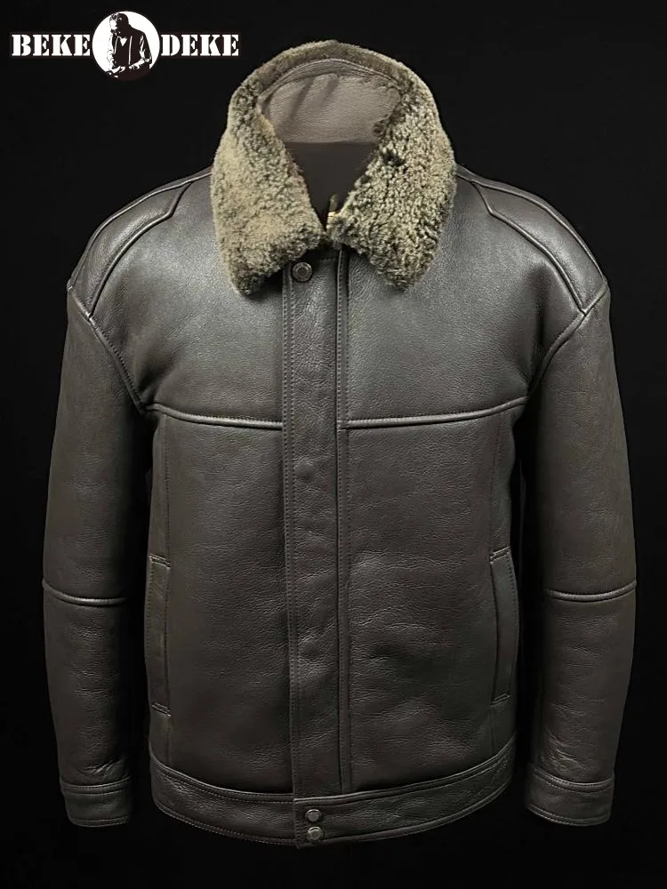 

Лаконичная модная тонкая куртка из натуральной кожи с лацканами на молнии, однотонная мужская удобная верхняя одежда из овчины с карманами и длинными рукавами