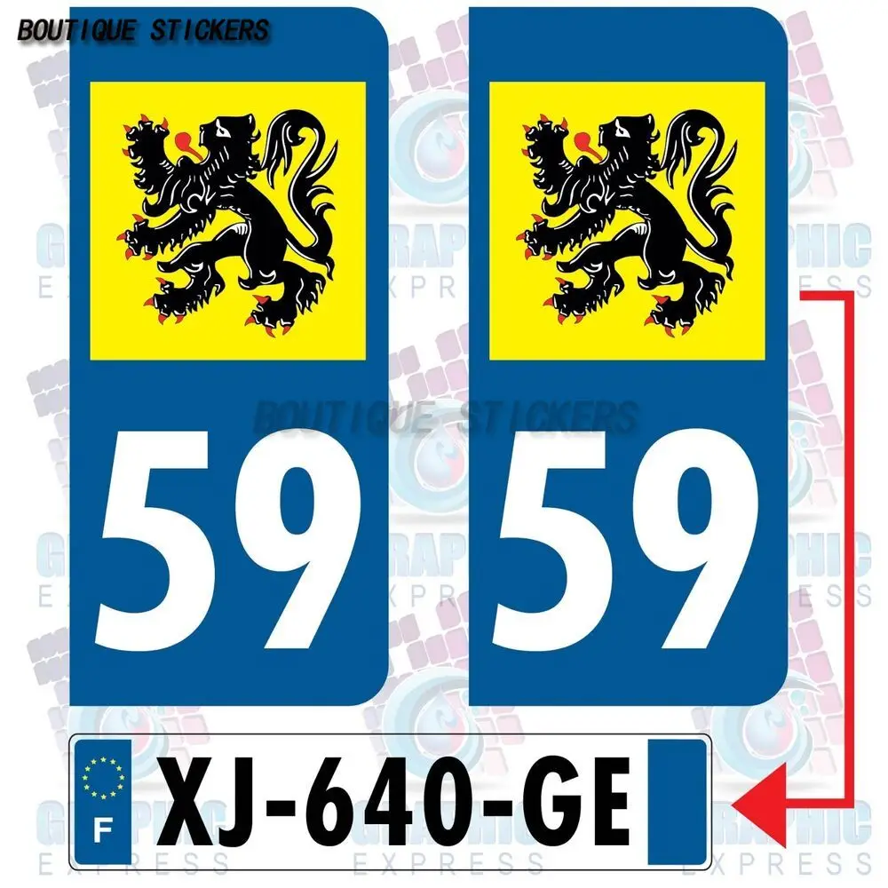 2Pcs Rounded Square Corner F59 NORD License Plate Sticker French License Plate Department 59 North Flanders Waterproof PVC Decal