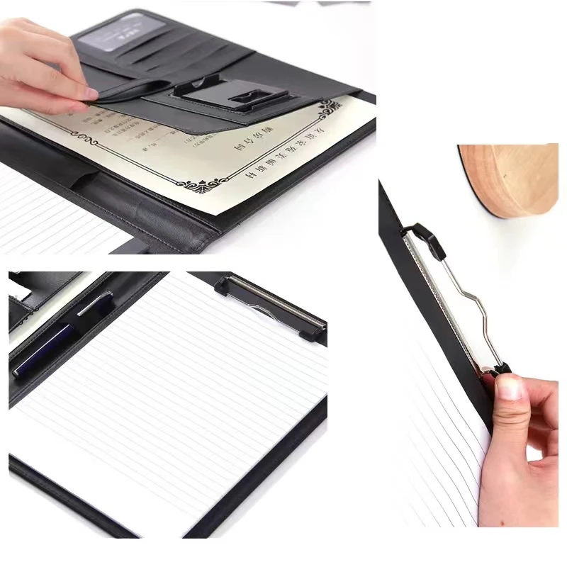 Tablero de escritura de carpeta multifuncional A4, suministros de oficina de papelería de negocios con calculadora, soporte plegable para teléfono