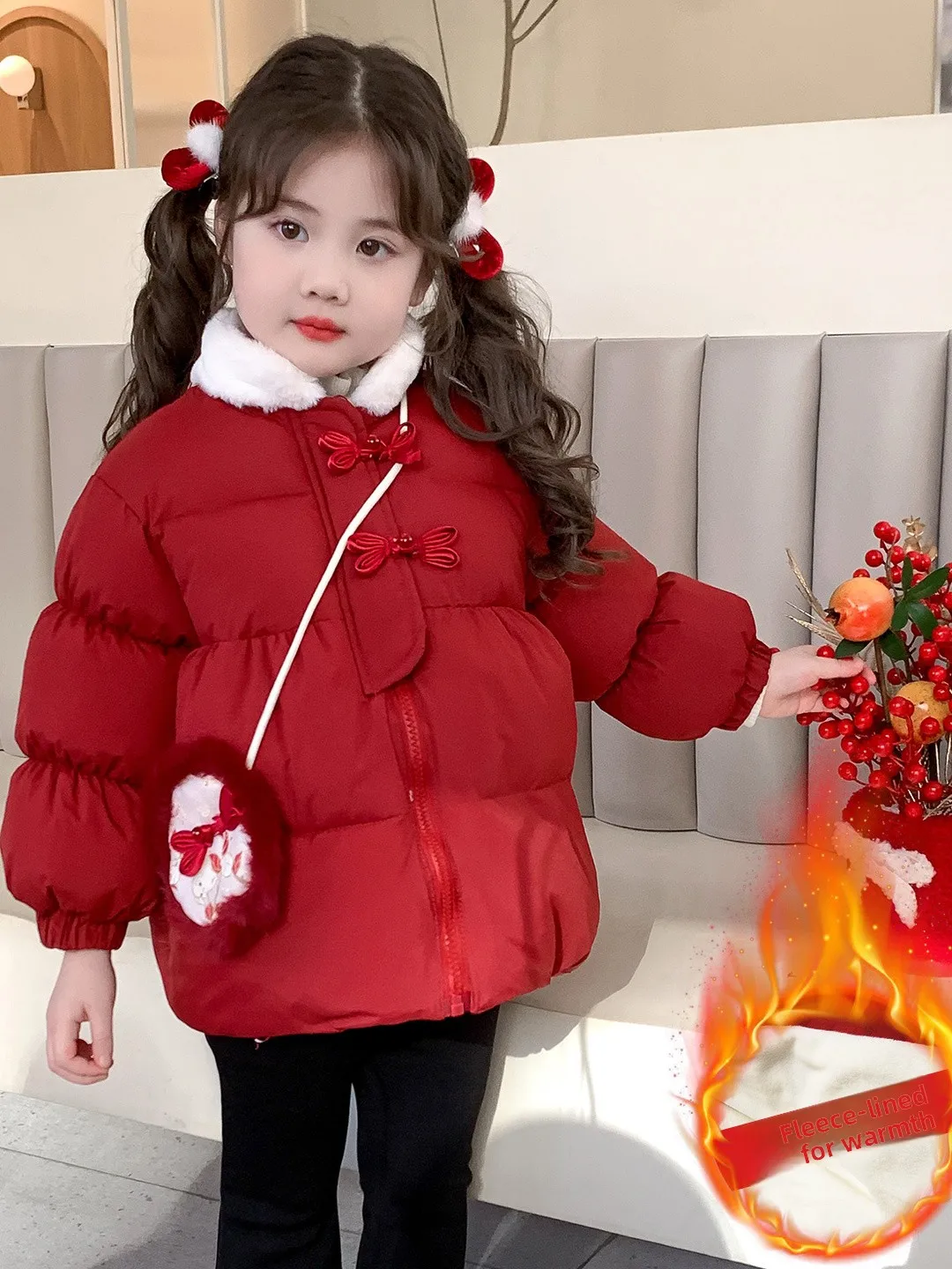 

Retro Button up Thiened Fce Cotton Jaet for Girls New Year's Outfit Warm Traditional Chinese Sle Coat Long Sve Zi...