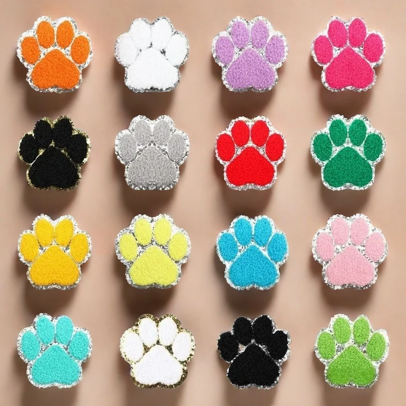 Silver Edge Pet Paw Embroidery Label Chenille Embroidery Cloth Sticker Cartoon Towel Embroidery Cat Paw Bag Patch Stamp Boy