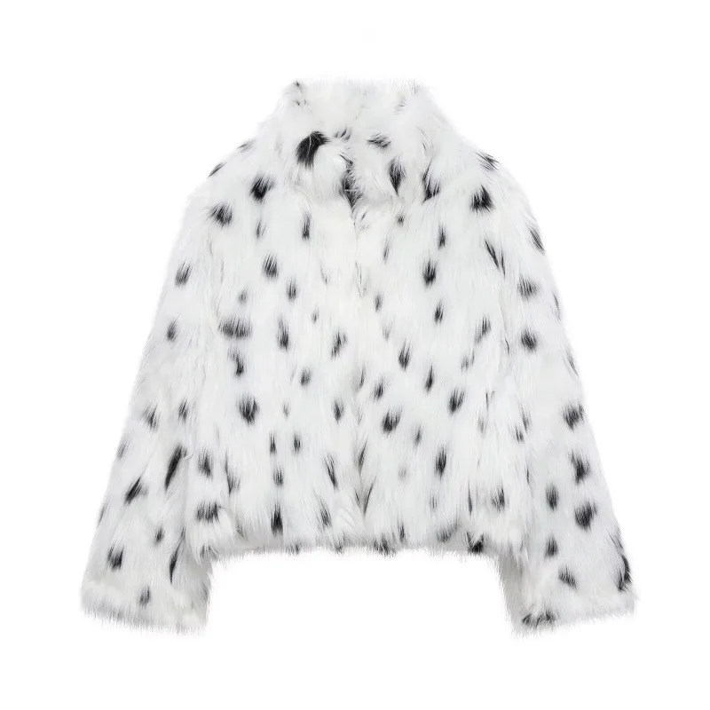 Faux Fur Coats Women Casual Short Fur Leopard Print Patchwork Long Sleeves Stand Collar Thick Warm Fur Street Wear 2025 Winter
