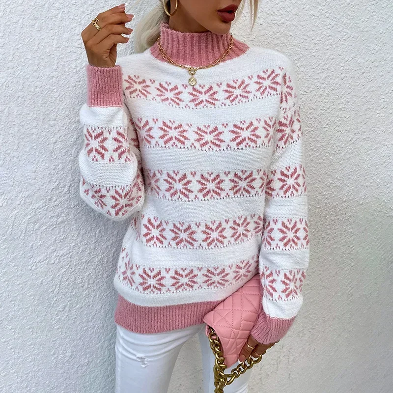 Women's Sweaters Autumn and Winter Christmas Decorative Pattern Casual Jumpers Long Sleeve High Neck Fashion Knit Pullover