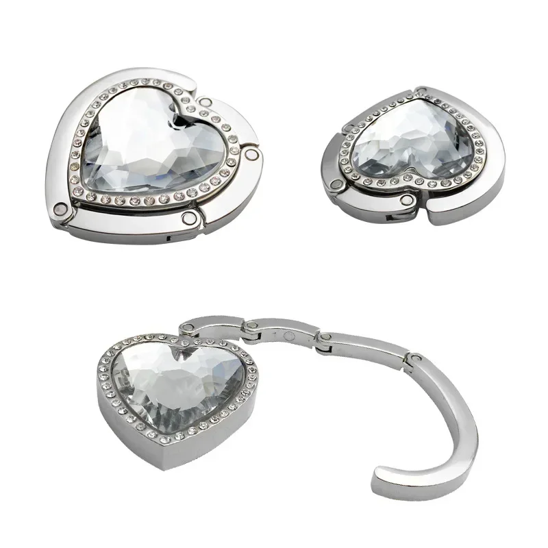 Folding Crystal Heart Shaped Handbag Hooks Table Side Handbag Hook Portable Metal Removable Multi-purpose Hooks Bag Accessories