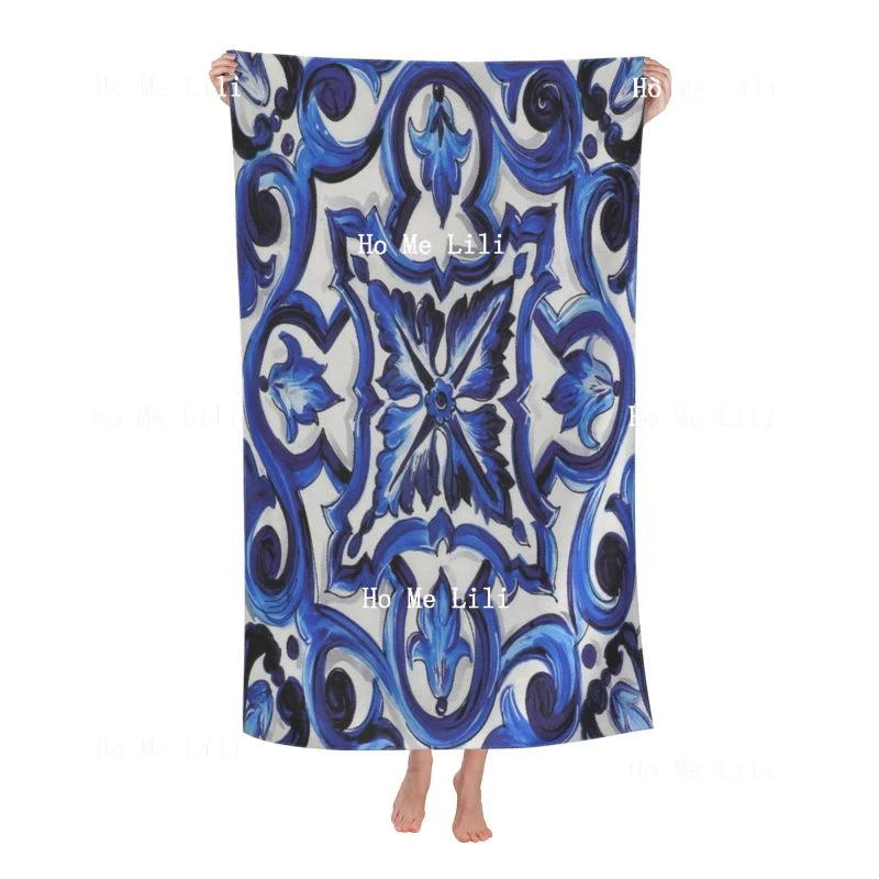 フィットネス用の抽象的な塗装タイル,水彩,速乾性,吸収性,スタイリッシュ,青と白,スタイリッシュ