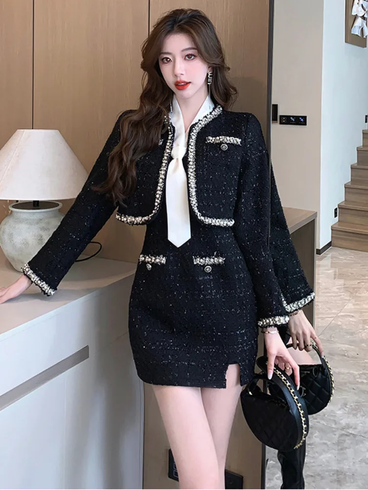 طقم تويد نسائي جديد لعام 2025 جاكيت أسود وفستان قصير مكون من قطعتين تنورة قصيرة بدلة أنيقة صغيرة موضة الخريف للسيدات #3