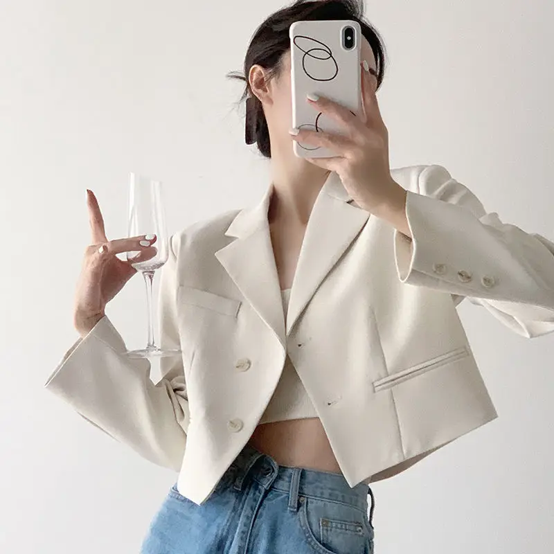 Women's Casual Solid Short Blazers Fashion Spring Summer Office Ladies Cropped Blazer Vintage Jacket Short Tops Korean