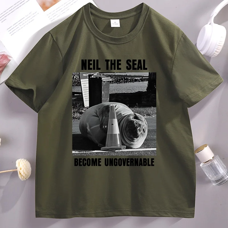 Vintage Neil The Seal Become Ungovernable T Shirts Men Women Crewneck Printed Tshirts Summer Loose Pullover Cotton Tees