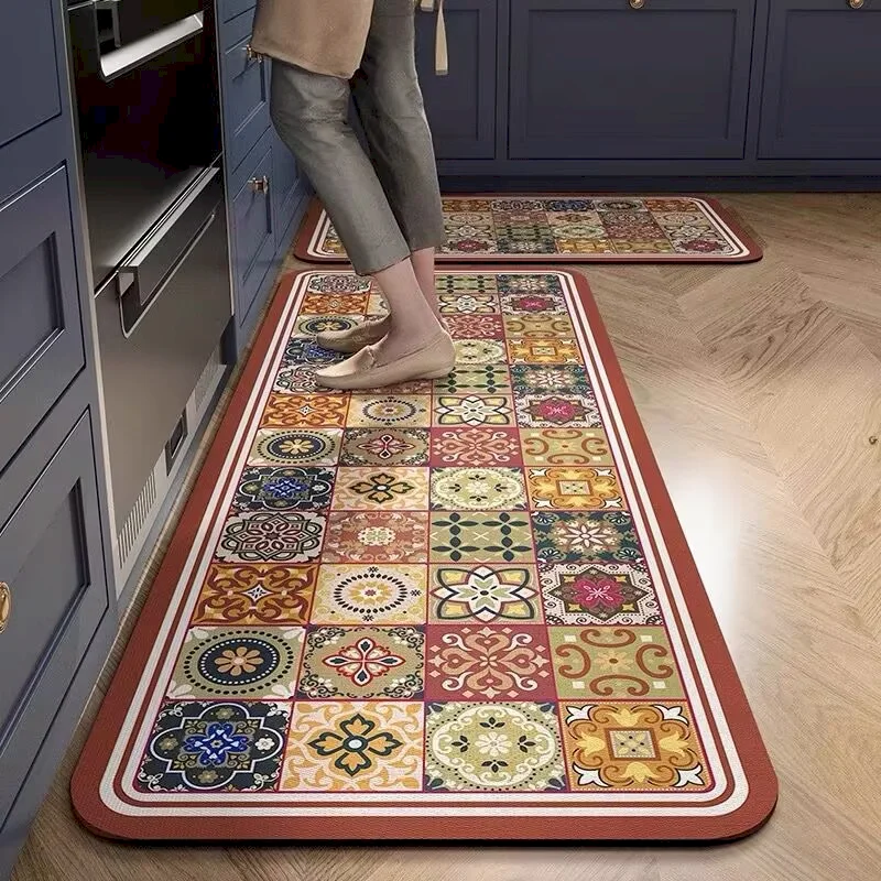 VIKAMA Kitchen Rug Vintage Moroccan Tile Pattern Non‑Slip Runner Mat Anti‑Fatigue Floor Carpet For Kitchen Home Decor