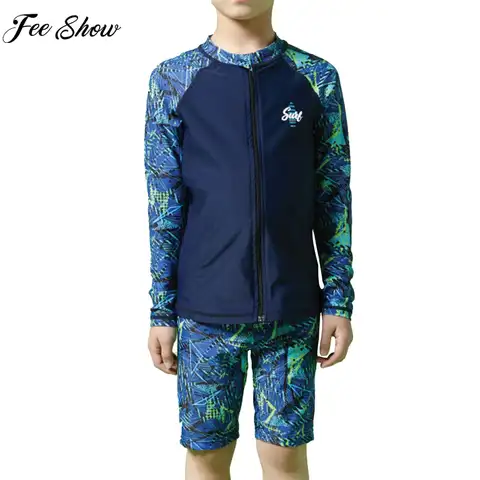 어린이용 자외선 차단 수영복, 긴 소매 지퍼 탑, 반바지 모자 포함, 래시가드 잠수복, 해변 수영장 수영복