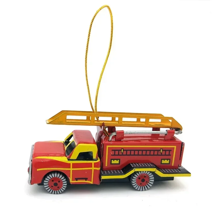 [Funny] Adult Collection Retro Wind up toy Metal Tin fire truck scaling ladder car pendant Clockwork toy model vintage toy gift