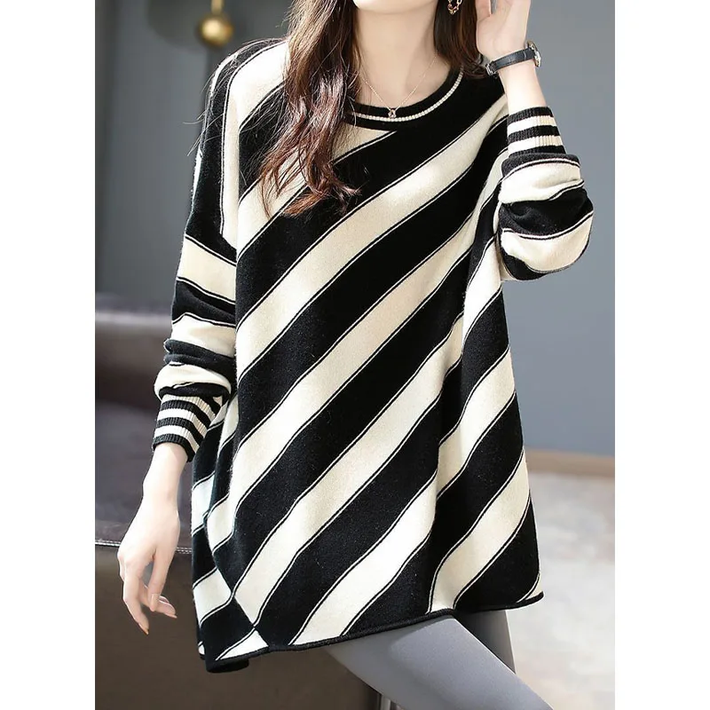 Fashion All-match Round Neck Striped Sweaters Women's Clothing Autumn Winter Loose Temperament Female Long Sleeve Knitted Tops