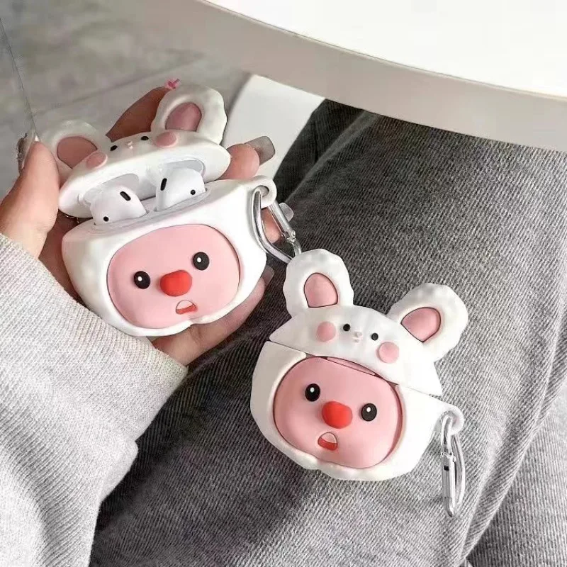 Hello Kitty Bluetooth Headphone Protective Case 3D Cartoon White Rabbit Beaver with Keychain Suitable for Airpods Airpods Pro