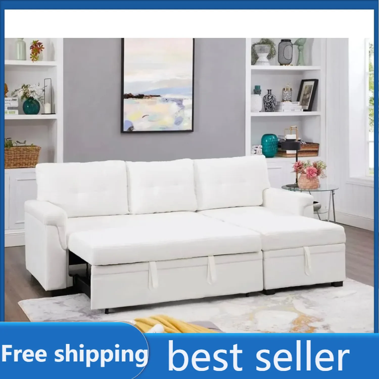 Jenny Sectional Sofa Sleeper w/ Storage Chaise, Tufted Pull Out Couch w/ Storage, Sectional Bed, L-Shaped Reversible Sleeper