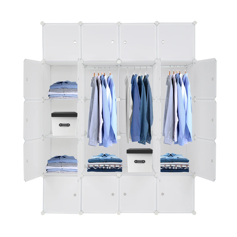 20 Cube Organizer Stackable Plastic Cube Storage Shelves Design Multifunctional Modular Closet Cabinet with Hanging Rod White