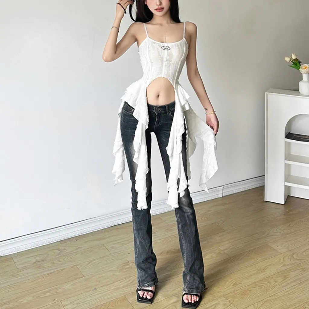 

Summer New Women's European American-style Camisole Vest Hollow-out Slim-fit Tight Waist Navel Wave-edge Top