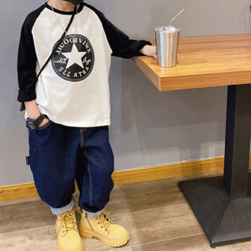 

2023 Spring New Kids Clothing Loose Long Sleeve Round Neck Contrasting Colors Cartoon Printed Boys Fashion Casual Trend T-shirt