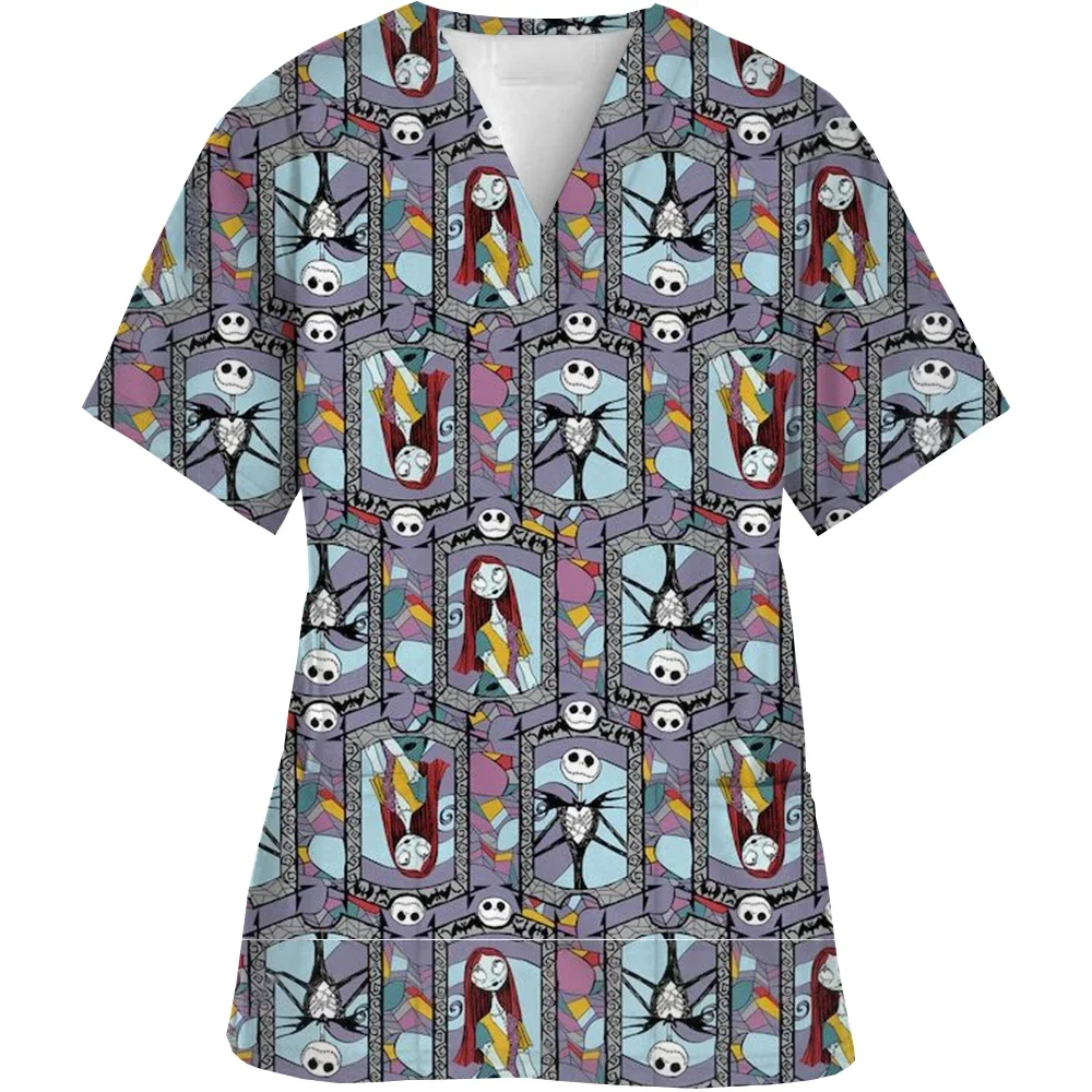 

Женский топ для медсестры с короткими рукавами и v-образным вырезом, женский модный повседневный топ с принтом на Хэллоуин, защитный рабочий костюм, медицинская рабочая униформа