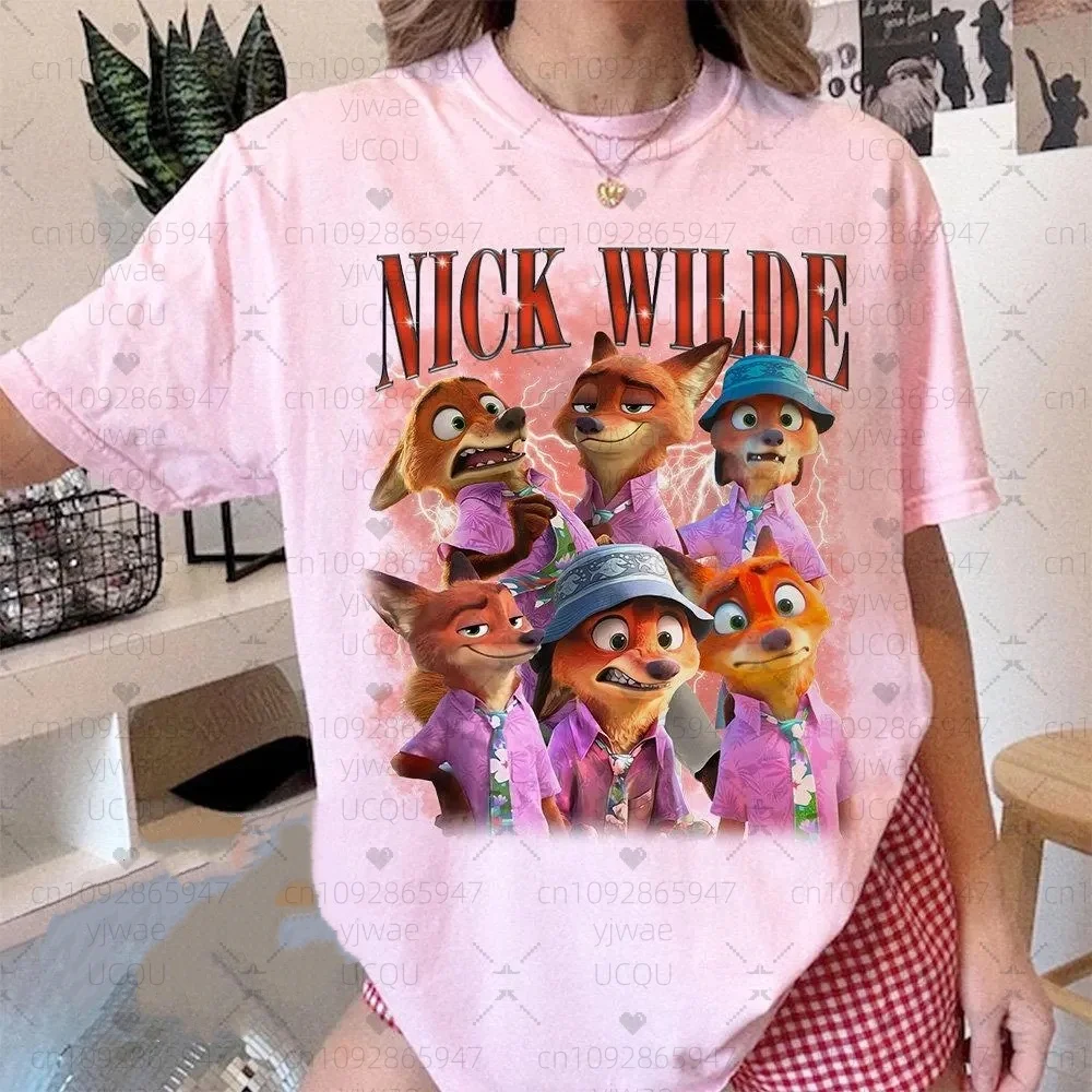 Zootopia Nick Wilde camisa Judy Hopps y Nick Wild cuello redondo Material transpirable manga corta Casual moda mujer Top