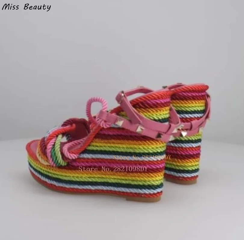 Women's Pink Espadrilles Rockstud Multicolor Rainbow Platform Wedge Shoes High Heel Sandals Woman Lace Up Rivet Shoe