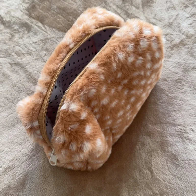 Make-up-Aufbewahrungstasche, Hirsch-/Elch-Plüsch-Kosmetiktasche mit Leopardenmuster, Damen Herbst/Winter Toilettentasche, Clutch-Geldbörse – Detail 6