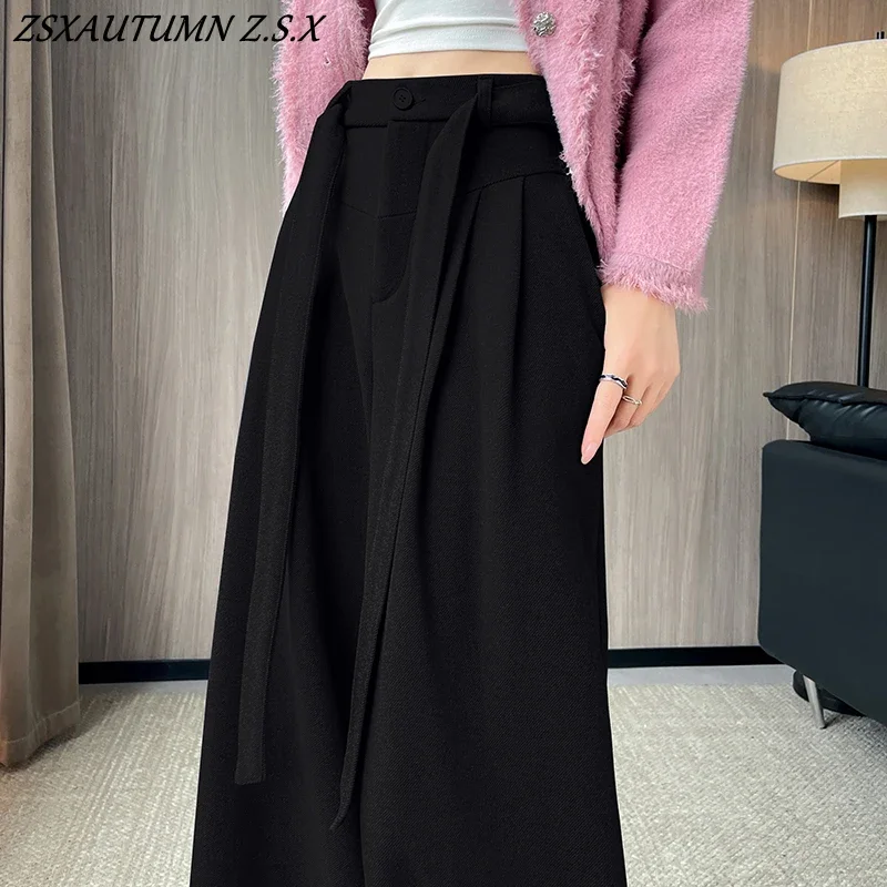 Pantalones de pierna ancha con tirantes de lana para mujer, traje grueso de cintura alta, pantalones informales, pantalones elegantes ajustados a la moda para otoño e invierno