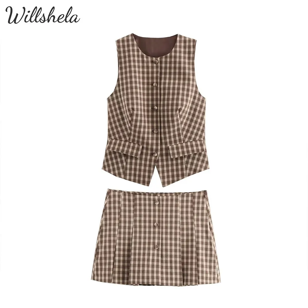 Willshela Women Vintage Preppy 2 Pieces Sets Plaid Vest and A-Line Skort Female Chic Lady Mujer Waist and Skirt Coordinates