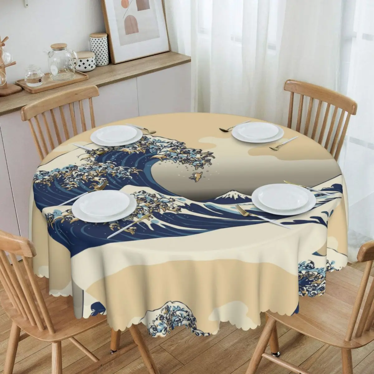 

Round Oilproof The Great Wave Off Kanagawa Pugs Table Cover Katsushika Hokusai Tablecloth for Picnic 60 inch Table Cloth