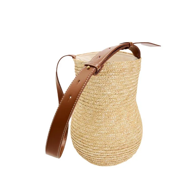 European American Fashion Show Designer Handmade Gourd Shaped Straw Shoulder Bag For Women Summer Beach Vacation Luxury Handbag