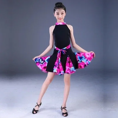 Robe de danse latine imprimée pour filles, jupe Salsa Rumba pour enfants et adolescents, justaucorps sans manches avec dentelle