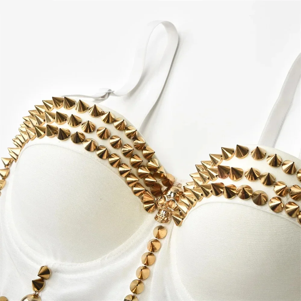 

Summer Hot Lingerie Women Sexy White Corset Gothic Black Bustier Punk Golden Rivets Adjusted-straps Push Up Bra Party Wedding