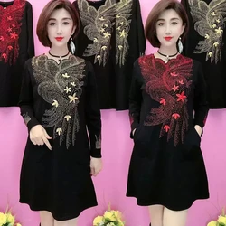 Advanced Sense Hot Diamond Dress Autumn Winter Add Velvet Thick Middle Aged Female Embroidered Dress Mother Dress Large Size 6XL