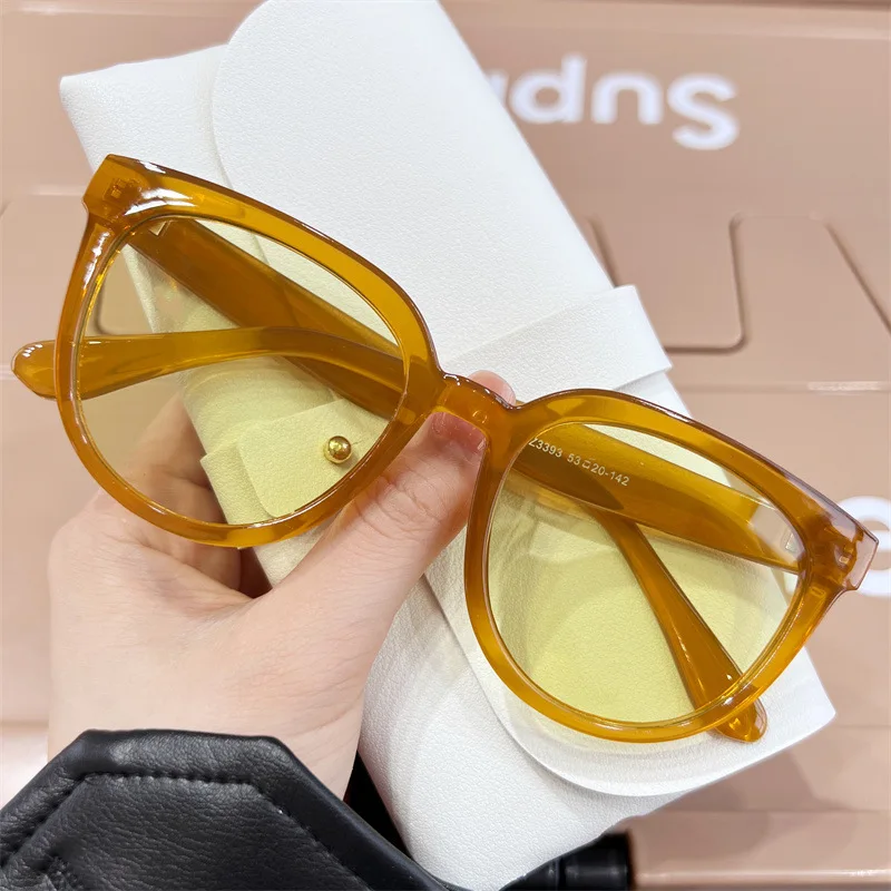 Fashion Brown Round Sunglasses Women 2022 Brand Design Big Decor Acrylic Cat Eye Frame Eyewear Shades 90s Men Sun Glasses Female