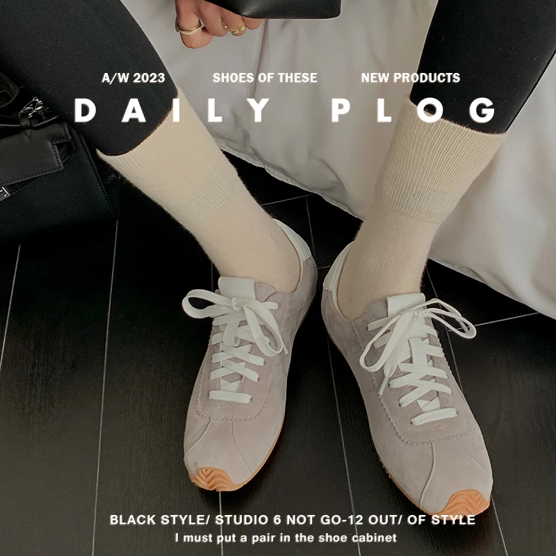 

Women Sneakers Spring Autumn Sheepsuede Casual Flats Fashion Women's Lace-Up Cozy Shoes Flat Heel Girls Gray Sneakers