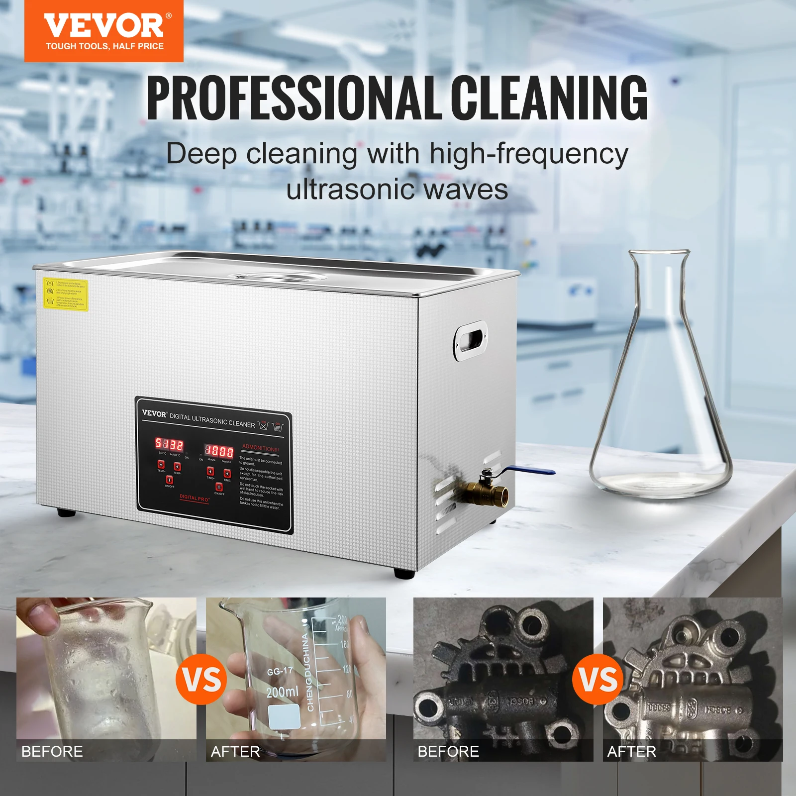 VEVOR 30L Ultrasonic Cleaner With Digital Timer & Heater, Ultra Sonic Jewelry Cleaner, Stainless Steel Heated Cleaning Machine