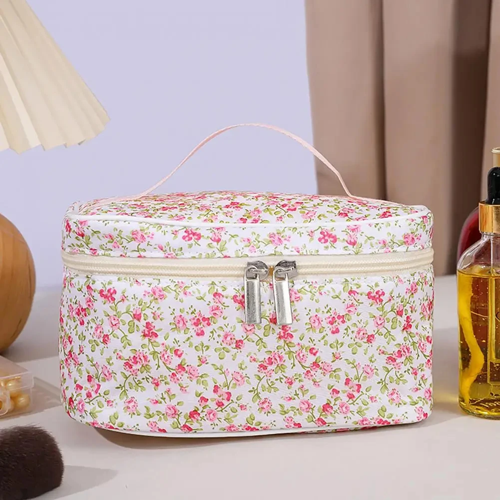 Cotton Cosmetic Pouch Floral Pattern Capacity Cosmetic Bag Dual Zipper Makeup Organizer Portable Travel Storage Wash Bag