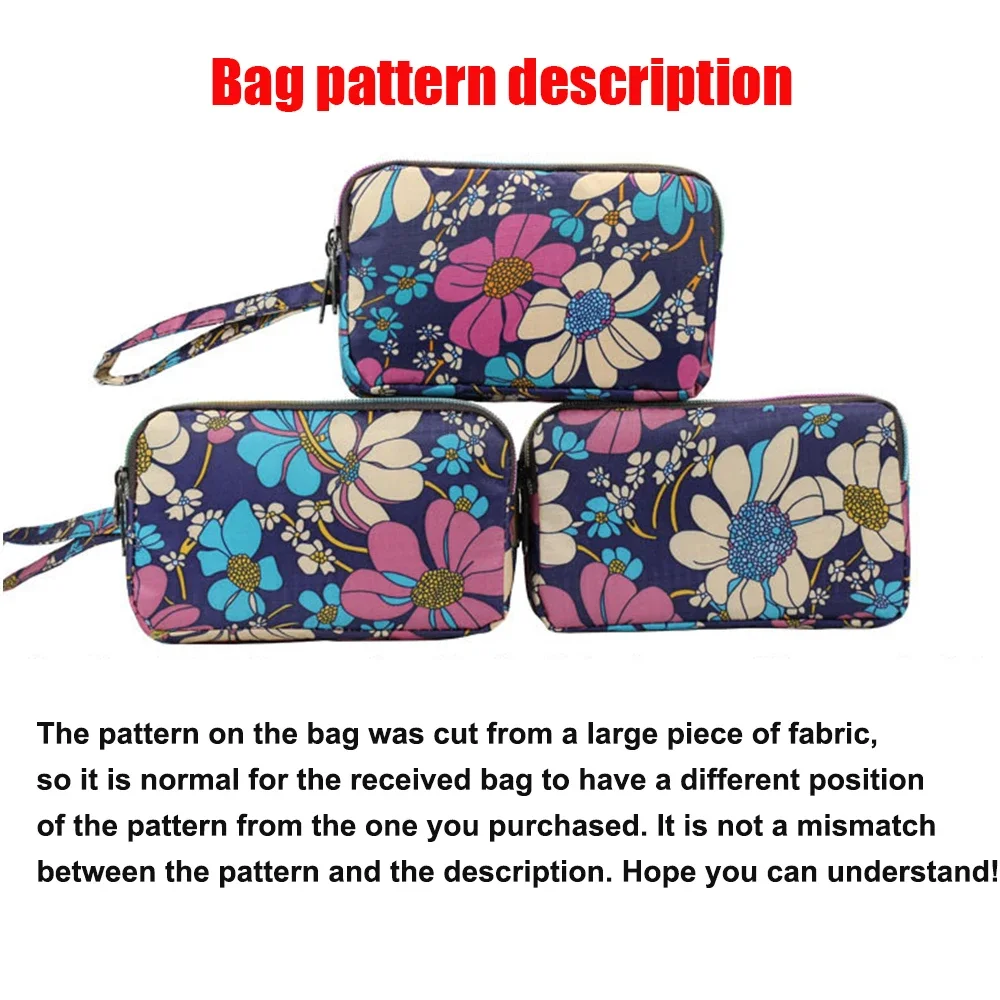 Fashion Flower Print Nylon Women Long Wallet Coin Purse Phone Bag Portable 3-layer Zippers Small Handbag Makeup Bag Card Holder