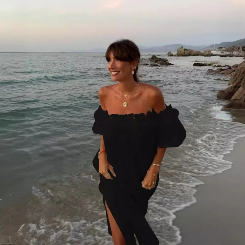 فستان نسائي صيفي من القطن والكتان لعام 2025 طويل أبيض قبالة الكتف فساتين بفتحة جانبية ملابس نسائية أنيقة غير رسمية عصرية