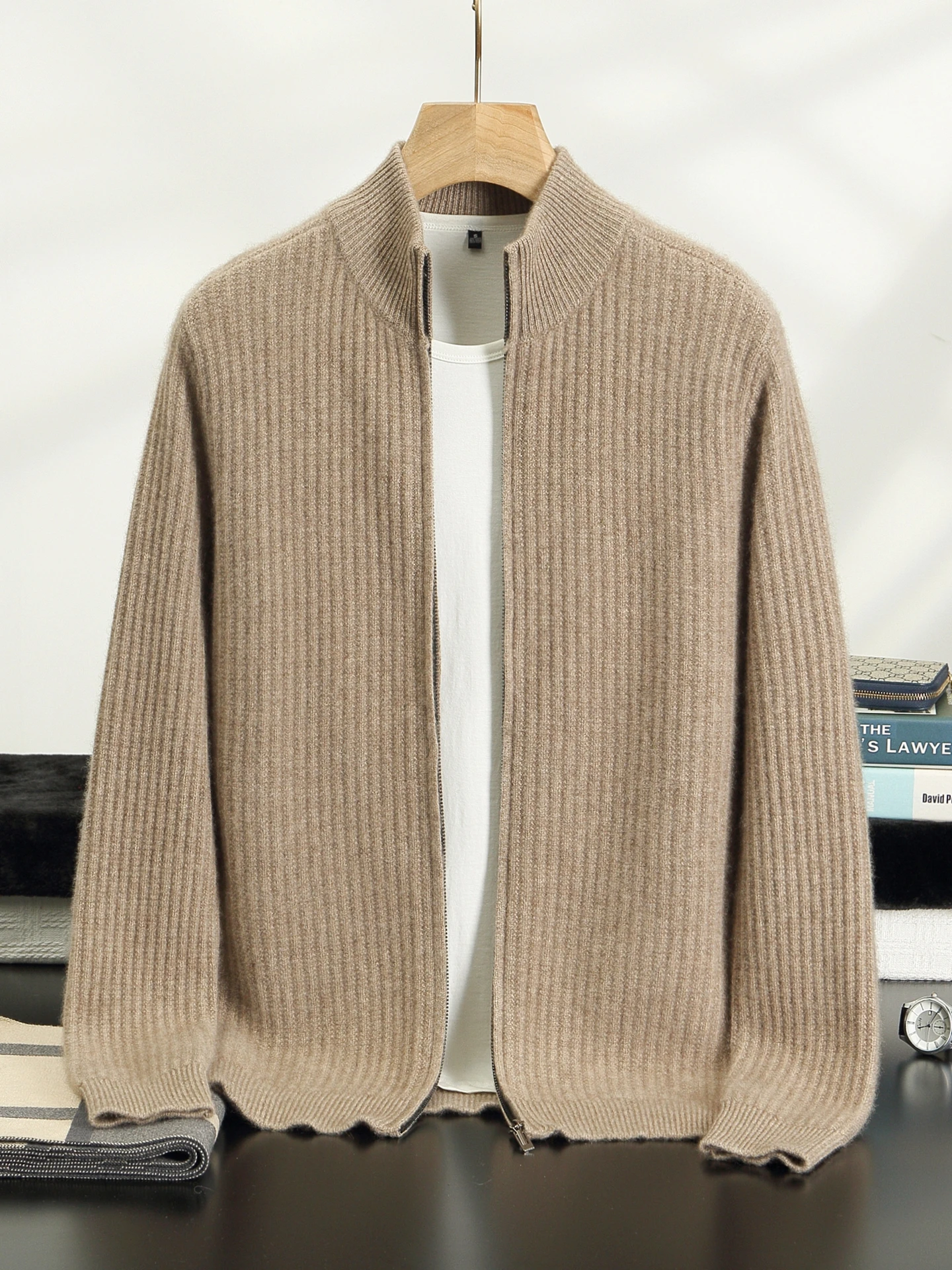 Autumn Winter Stand Collar Thickened Cashmere Knit Cardigan Sweater Men's Jacket Long Sleeve Soild Basic Layer Zipper Versatile
